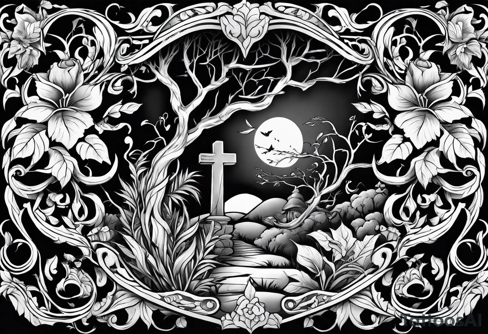Leafy vines with grave yard tattoo idea