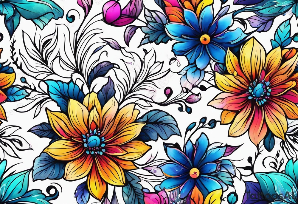 FLORAL PATTERN, SEEMLESS, BRIGHT, NEONS, COLORFUL tattoo idea