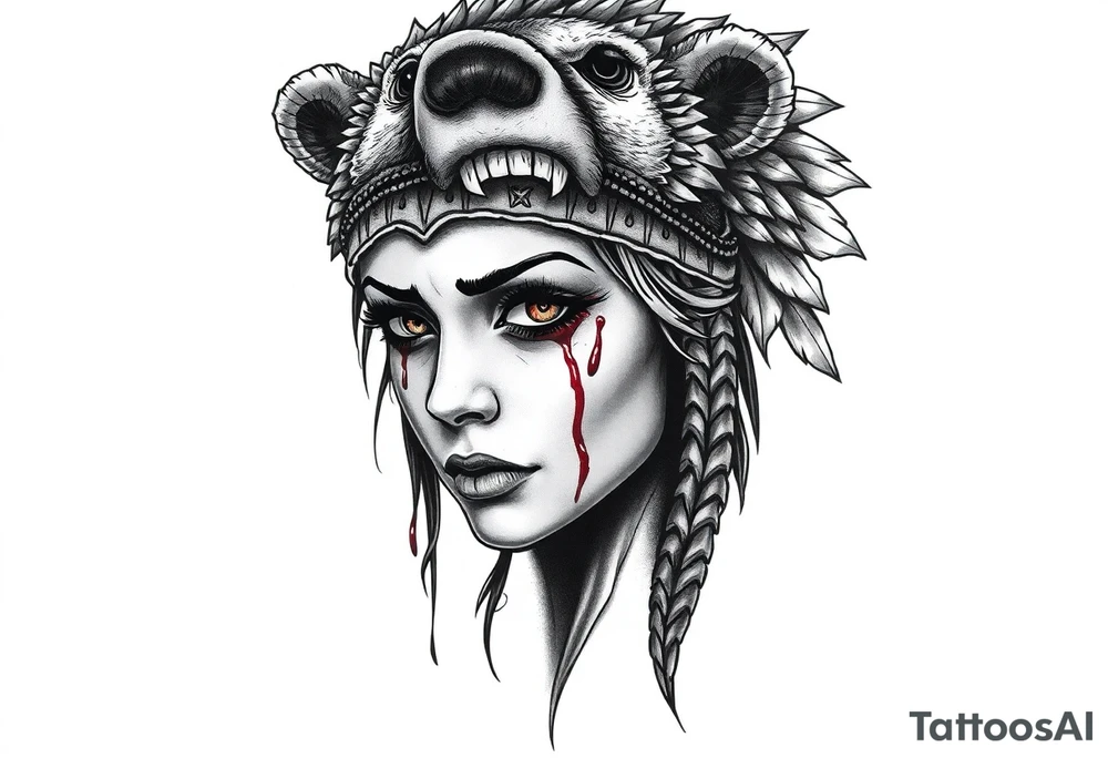 Beautiful Womans with colored eyes, shedding a tear, with battle scars and blood on face, wearing a mean looking bear headdress on head tattoo idea