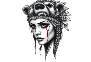 Beautiful Womans with colored eyes, shedding a tear, with battle scars and blood on face, wearing a mean looking bear headdress on head tattoo idea