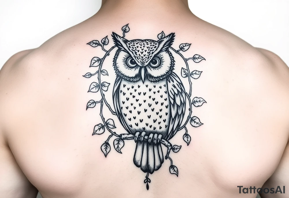 Vine wrapped around owl to where you can barely see the owl 333 in vine tattoo idea