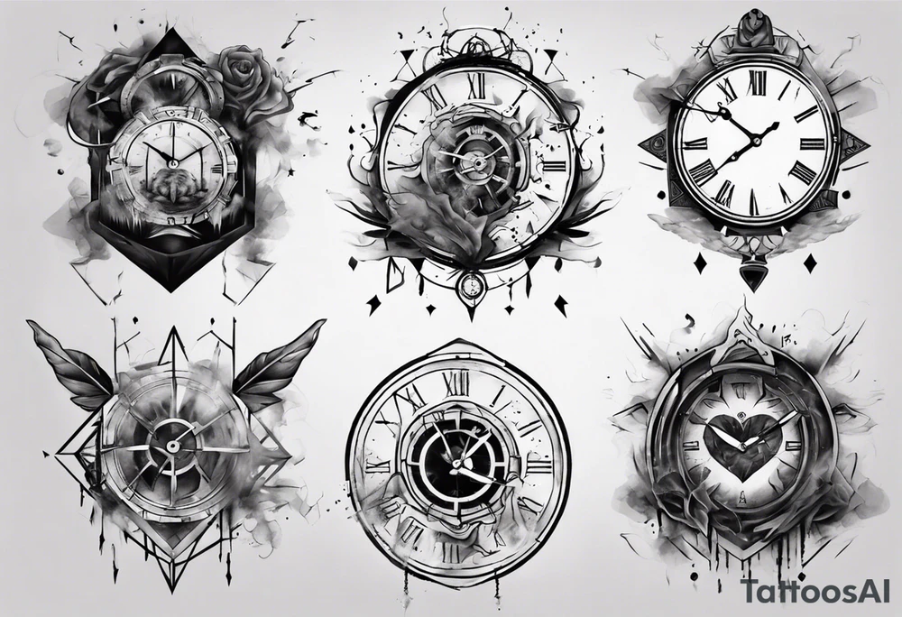 Geometric broken clock surrounded by smoke tattoo idea
