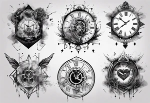 Geometric broken clock surrounded by smoke tattoo idea