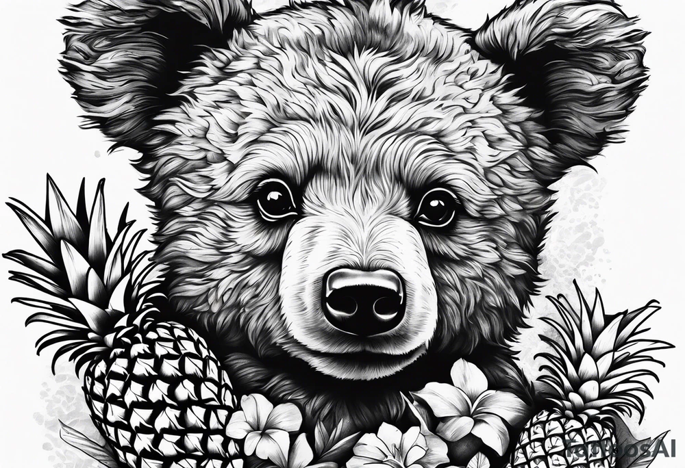 Teddy Bear biting pineapples tattoo idea
