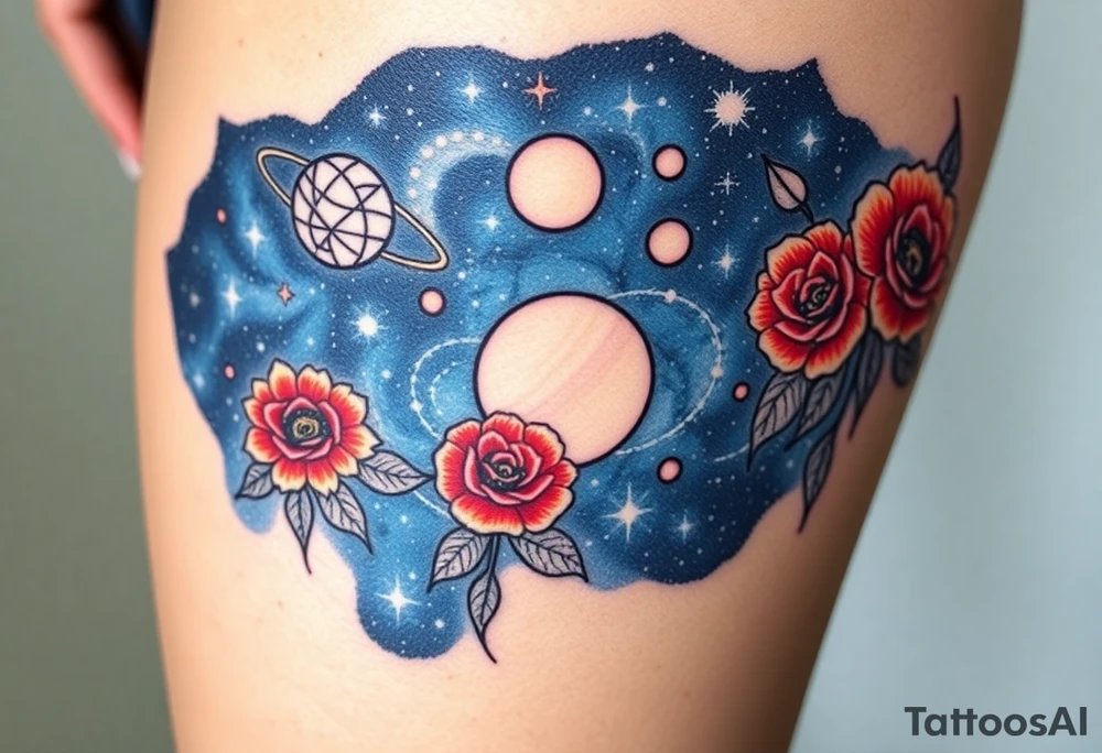 Milky way galaxy .. planets with zodiac symbols and protection runes with red roses and sunflowers tattoo idea
