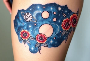 Milky way galaxy .. planets with zodiac symbols and protection runes with red roses and sunflowers tattoo idea