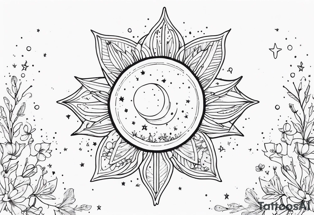 fine line with sun, stars, floral, dots. Sternum tattoo tattoo idea
