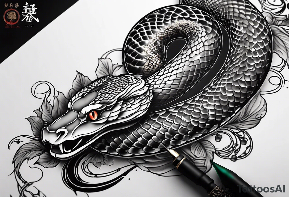 Snake tattoo for placement down along the spine with the head positioned at the bottom in japanese style to symbolise a journey of healing and transformation with reference to ying yang tattoo idea