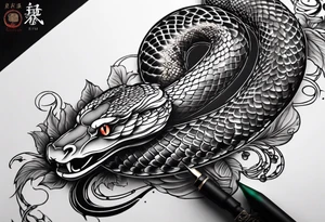 Snake tattoo for placement down along the spine with the head positioned at the bottom in japanese style to symbolise a journey of healing and transformation with reference to ying yang tattoo idea