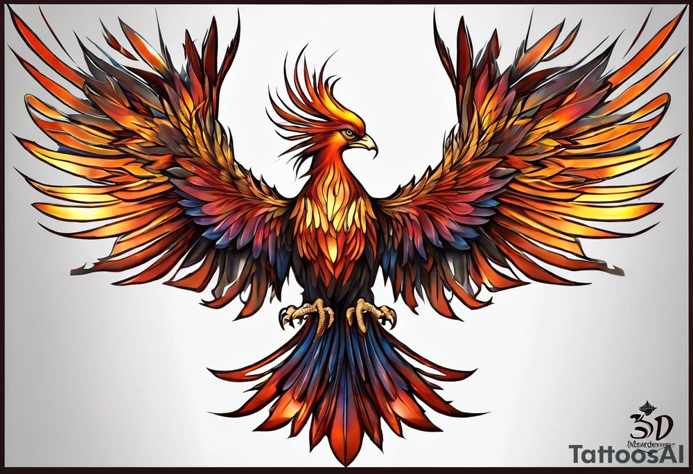3D Tattoo: A powerful, majestic phoenix, depicted mid-flight or rising, with wings extended and feathers flowing. Deep shading and intricate details to bring out the texture and motion of the feathers. Style: 3D. tattoo idea