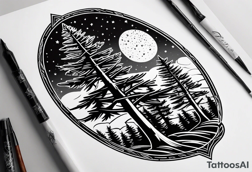 pine trees with stars in the sky tattoo idea