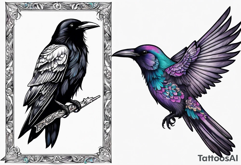 raven above a hummingbird with the raven facing right and the hummingbird facing left tattoo idea