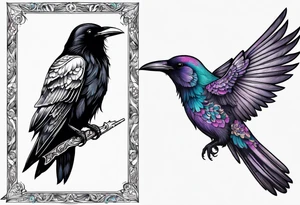 raven above a hummingbird with the raven facing right and the hummingbird facing left tattoo idea