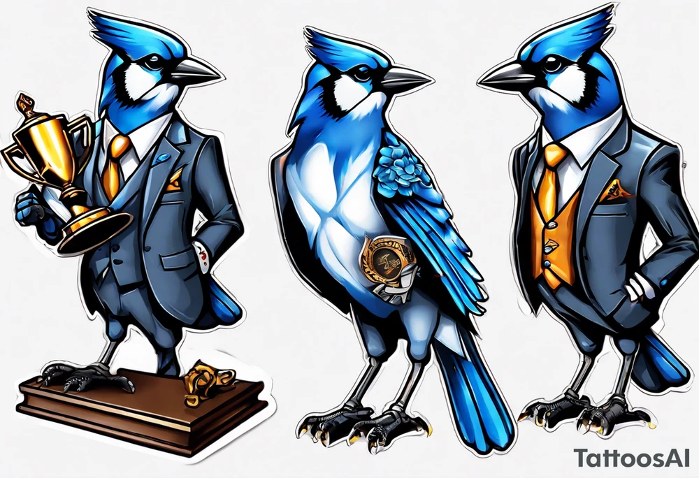 bluejay in a suit holding a trophy tattoo idea