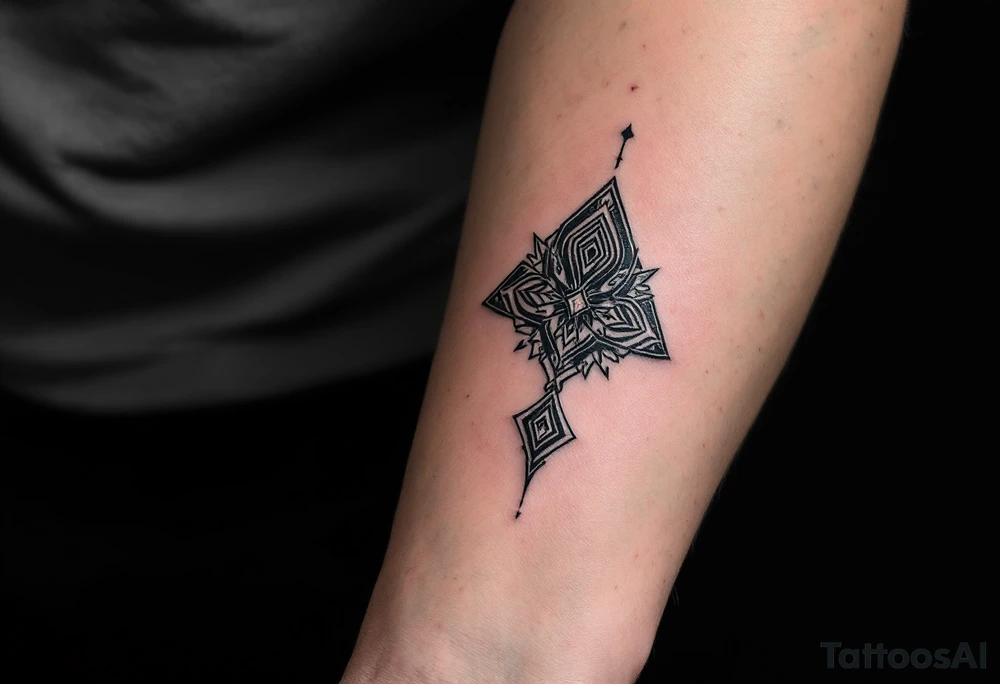A silver-colored Makosh symbol tattoo honors fate and feminine wisdom on the forearm. tattoo idea