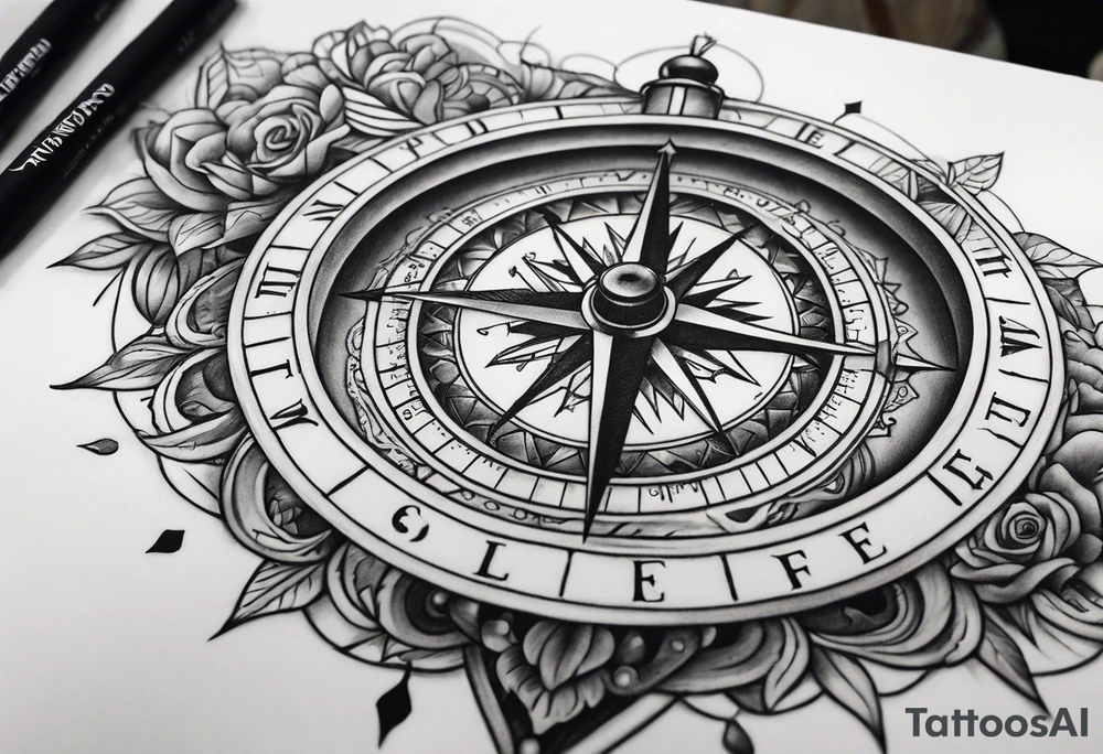 Upper arm sleeve time compass god life love tattoo idea