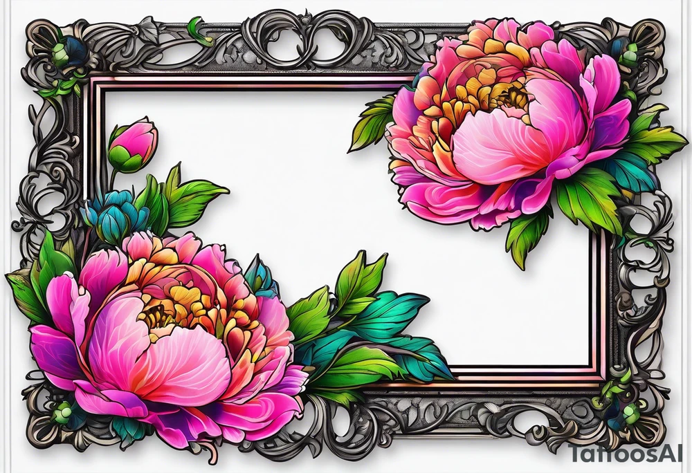 neon colorful peonies,neon colored, surrounding on the outside of a empty beautiful intricate victorian style picture frame with filigree tattoo idea