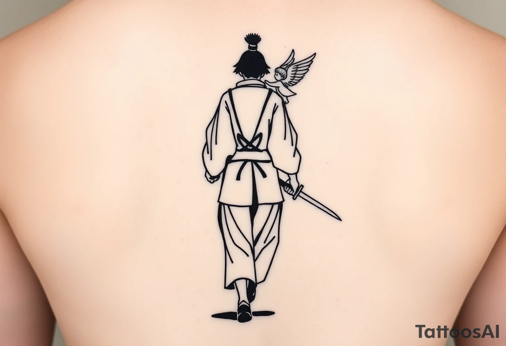 "Blackwork tattoo sketch of a lone samurai walking forward, shown in dramatic silhouette style. The samurai wears traditional kimono and hakama, holding a katana in one hand with the blade pointing downward. Behind him floats a small child angel with detailed feathered wings, gently touching the samurai’s back with one hand, as if stopping or guiding him. Strong contrast, dynamic ink splatter, rough brush strokes, Japanese sumi-e vibe, emotional and symbolic composition, high detail linework, no background." tattoo idea