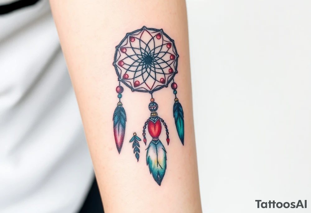 native dreamcatcher with flowing feathers and sacred beads tattoo idea