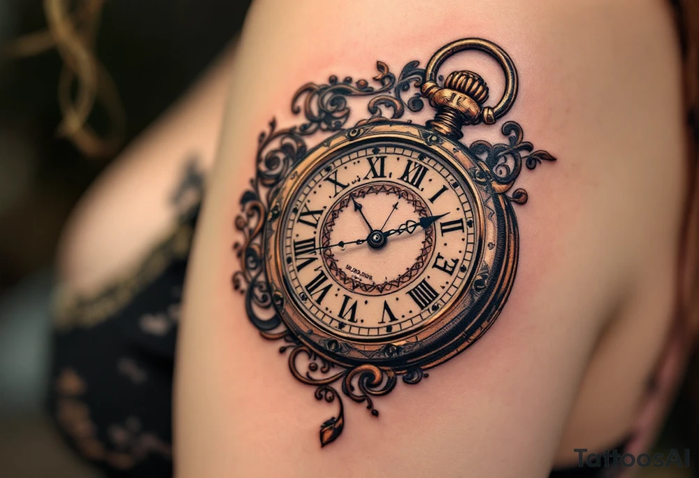 Ornate pocket watch tattoo showing 13:37 and "Veronika – 2.9.2016" in warm sepia tones. tattoo idea