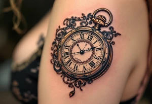 Ornate pocket watch tattoo showing 13:37 and "Veronika – 2.9.2016" in warm sepia tones. tattoo idea