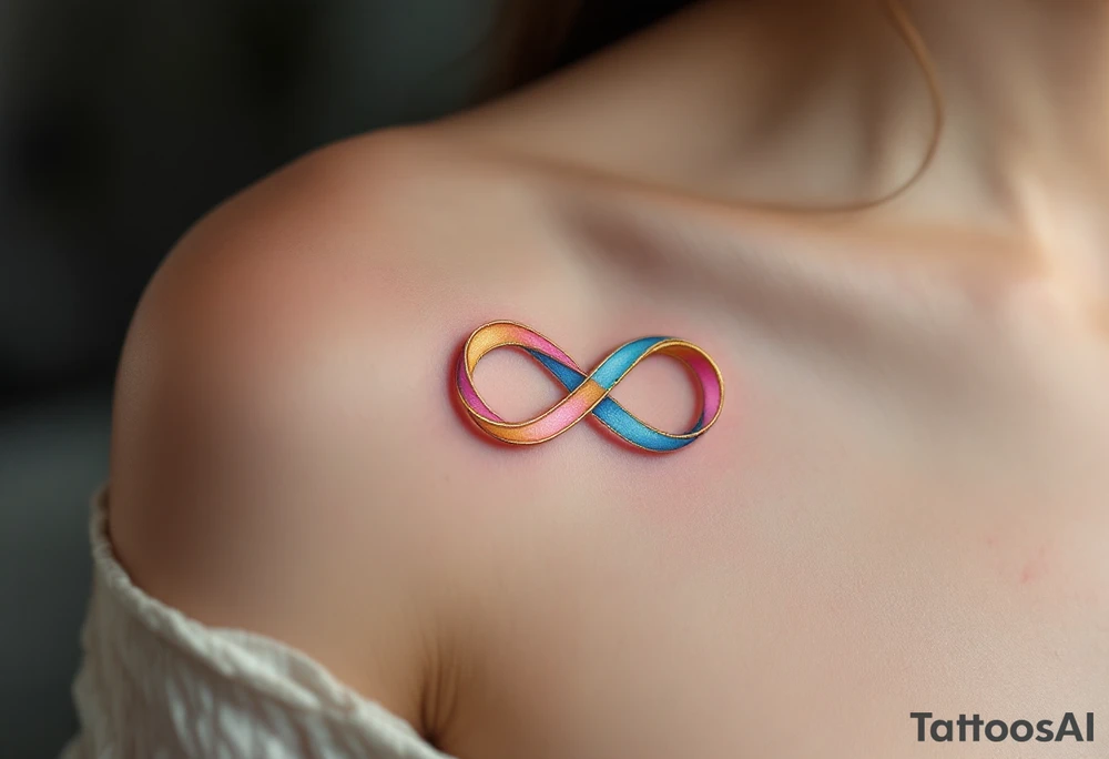 A trio of intertwined ribbons in pastel pink, blue, and golden yellow, forming an infinity loop of love. tattoo idea