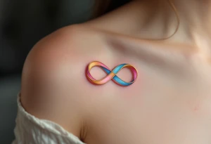 A trio of intertwined ribbons in pastel pink, blue, and golden yellow, forming an infinity loop of love. tattoo idea