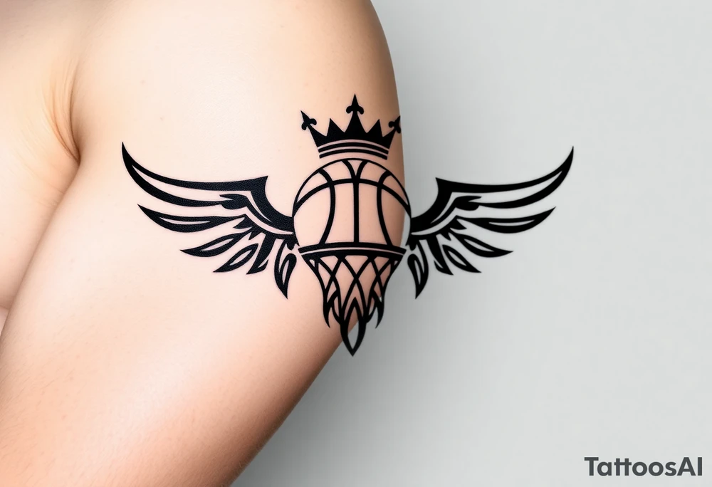 Basketball and basketball hoop with a crown, no wings tattoo idea