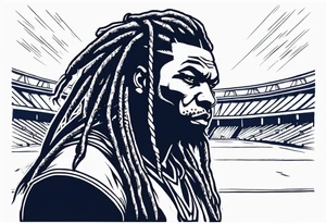 blue wildcat with long dreads under stadium football lights with a snarl on his face standing on a hill looking down at all his defeated opponents tattoo idea