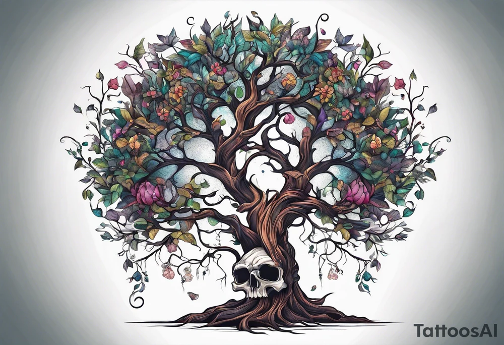Dark twisted tree of life growing from a skull tattoo idea