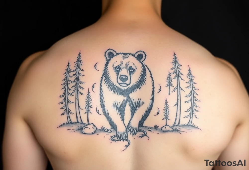 Steampunk style bear in woods tattoo idea