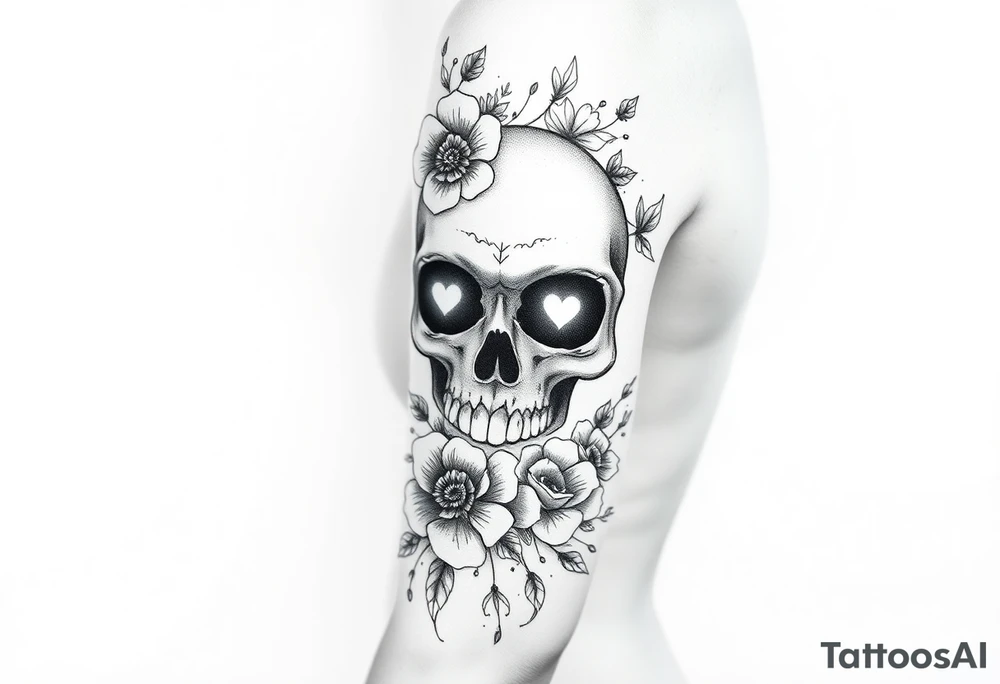 A half sleeve with Gothic pretty skull with heart shaped eyes surrounded by wildflowers and roses tattoo idea