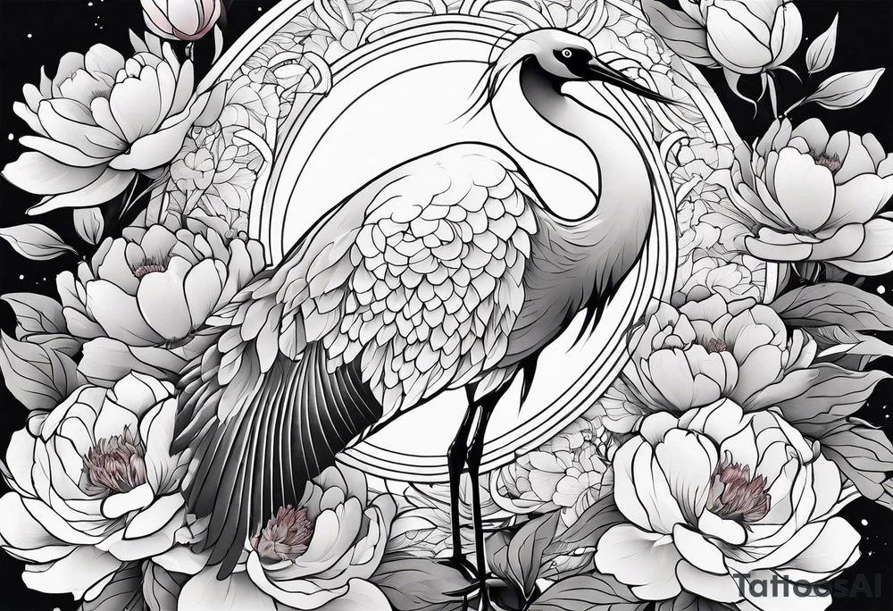 Japanese crane with peonies for arm sleeve tattoo tattoo idea