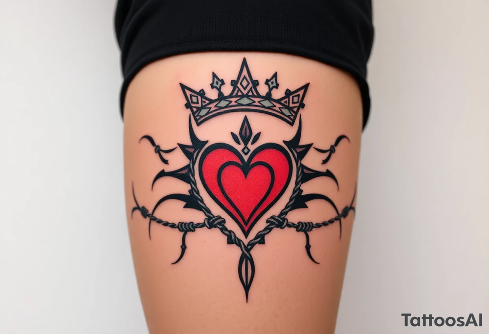 Powerful, crown, queen, broken heart, barb wire tattoo idea