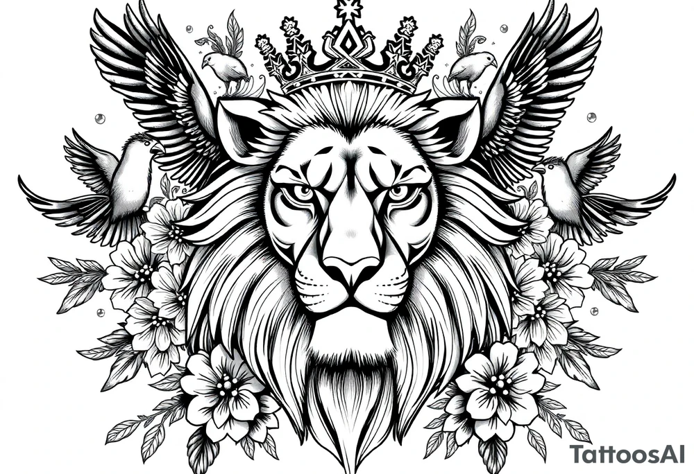 powerful majestic lion with a crown, surrounded by floral ornaments and birds tattoo idea