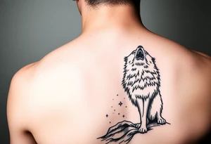 lone wolf howling at full moon with northern lights backdrop tattoo idea