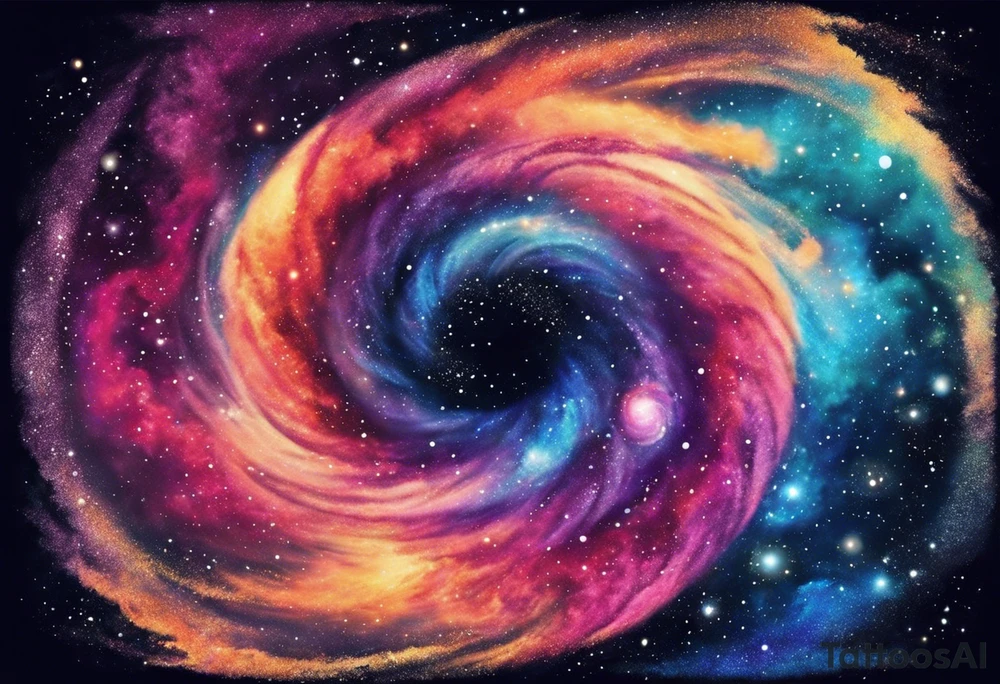 I want a spiral nebula space galaxy tattoo that's colorful and bright and cute and is nice to look at I don't want a traditional circle I want it like the ones thay look like an s shape and this tattoo will be on my left buttcheek and light colors I want more spread and less circle tattoo idea
