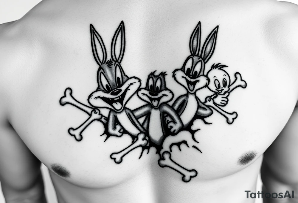 i want the looney toons breaking out of right rib cage and as their body parts exit they turn to bones (representing my four kids 3 boys 1 girl) taz, bugz, tweety, lola tattoo idea