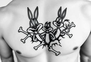 i want the looney toons breaking out of right rib cage and as their body parts exit they turn to bones (representing my four kids 3 boys 1 girl) taz, bugz, tweety, lola tattoo idea