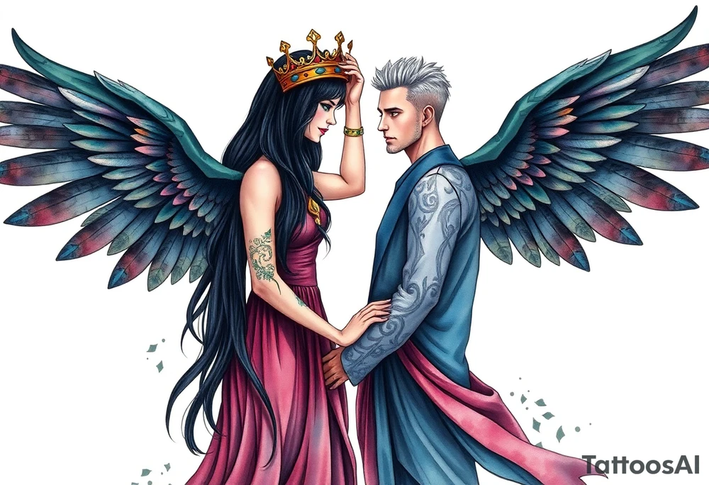 A Scorpio gypsy woman with wings like an angel and long black hair and green eyes placing a kings crown on a tall man with grey short spiked hair and blue eyes. She is wearing a long flowing dress tattoo idea