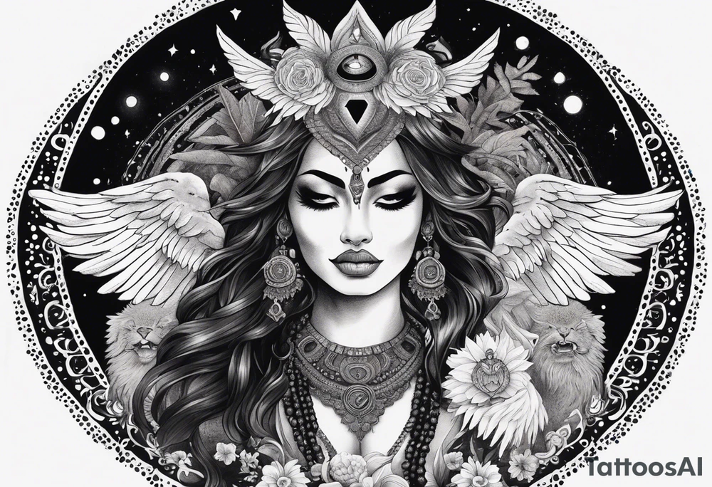 black kali, goddess pirate, alien, angel, pachamama, valkrye, warrior, flying, skull, lotus azul, wing, eagle, zenza resonance, stars, 5D, anahata chakra, death, durga, riding on a tiger, flying lady, kundalini, chest tatoo, samuri, rebel tattoo idea
