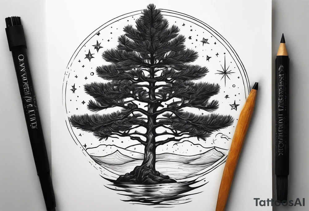 A pine tree in front of the constellation of Aquarius. No other stars should be used tattoo idea