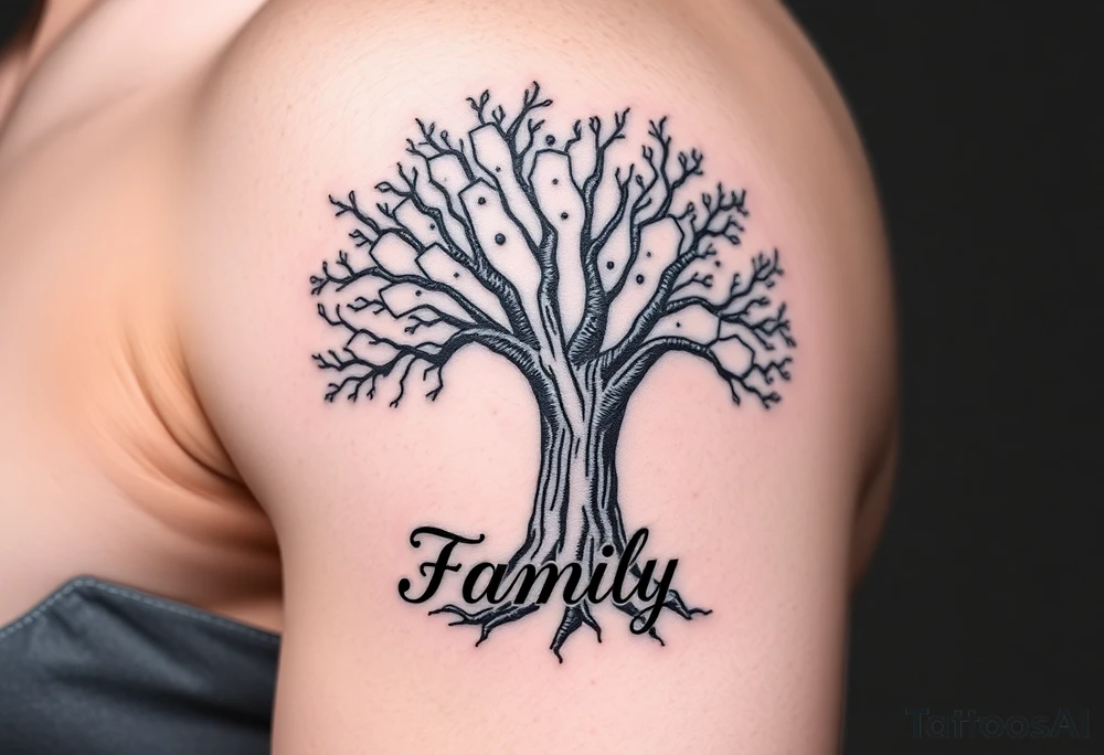 A black and gray realistic tree with engraved word family on the trunk, highlighting deep-rooted family connections tattoo idea