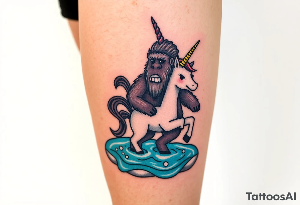 Bigfoot wearing a unicorn pool tube full leg piece 
Funny tattoo idea