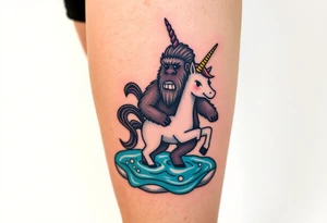 Bigfoot wearing a unicorn pool tube full leg piece 
Funny tattoo idea