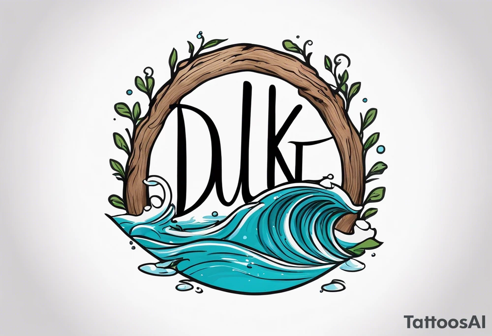 piece of driftwood underwater with the word duke written in the wood tattoo idea