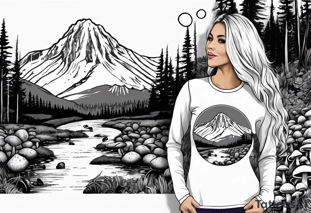 Whole picture encircled fully

Straight long blonde hair hippie girl in distance holding mushrooms in hand facing away toward mountains and creek surrounded by mushrooms long sleeve shirt and hiking pants; whole rendering within a full circle, no cut off circle tattoo idea