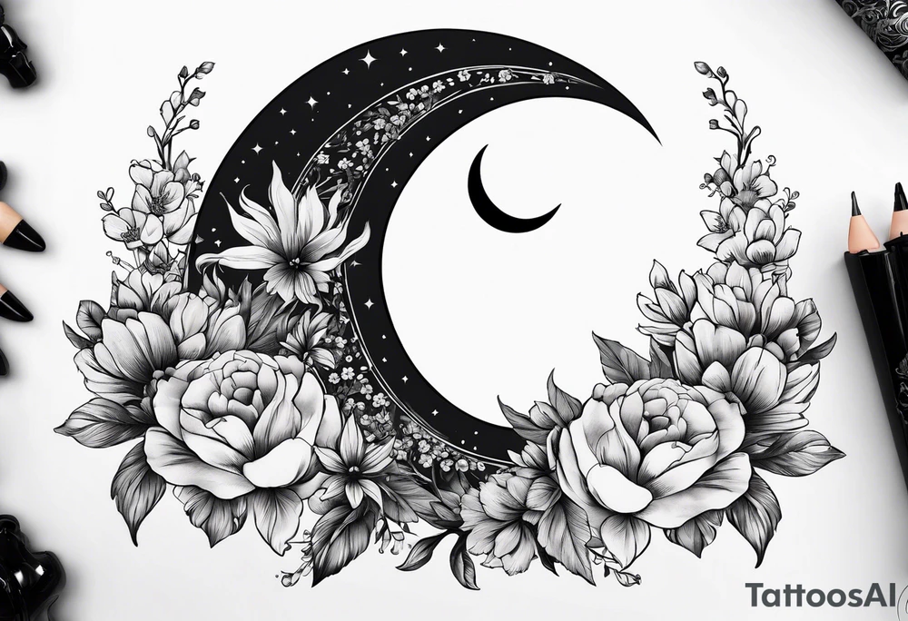 Crescent moon shrouded in pretty flowers tattoo idea