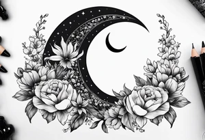 Crescent moon shrouded in pretty flowers tattoo idea