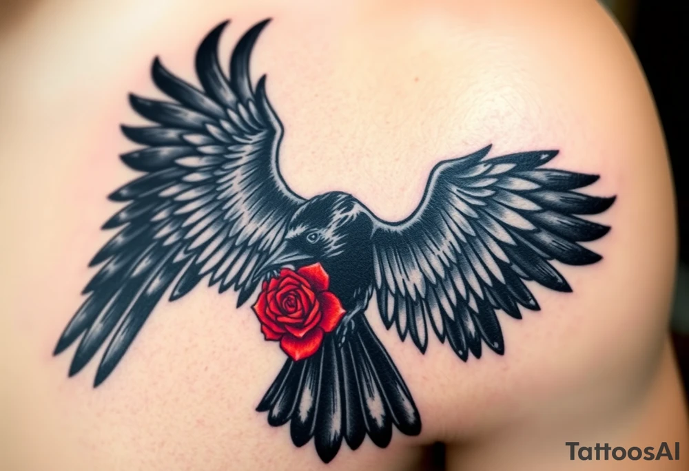 A black crow soaring symmetrically gracefully with its wings fully extended, each feather intricately detailed to capture a sense of movement and depth. In its talons, it gently carries a vibrant red rose, its petals vivid and delicate. The composition blends realism with deep symbolism, representing strength, transformation, and the enduring connection between life, resilience, and the unseen forces that guide and protect. tattoo idea